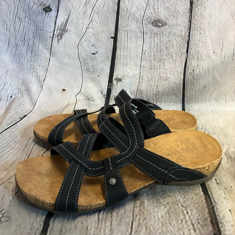 BearPaw Kai II Sandals Black Slide Straps‎ Women’s Sz 11  Comfy Summer Shoes GUC